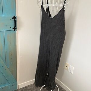 Sleeveless Ribbed V-Neck Wide-Leg Jumpsuit - Charcoal